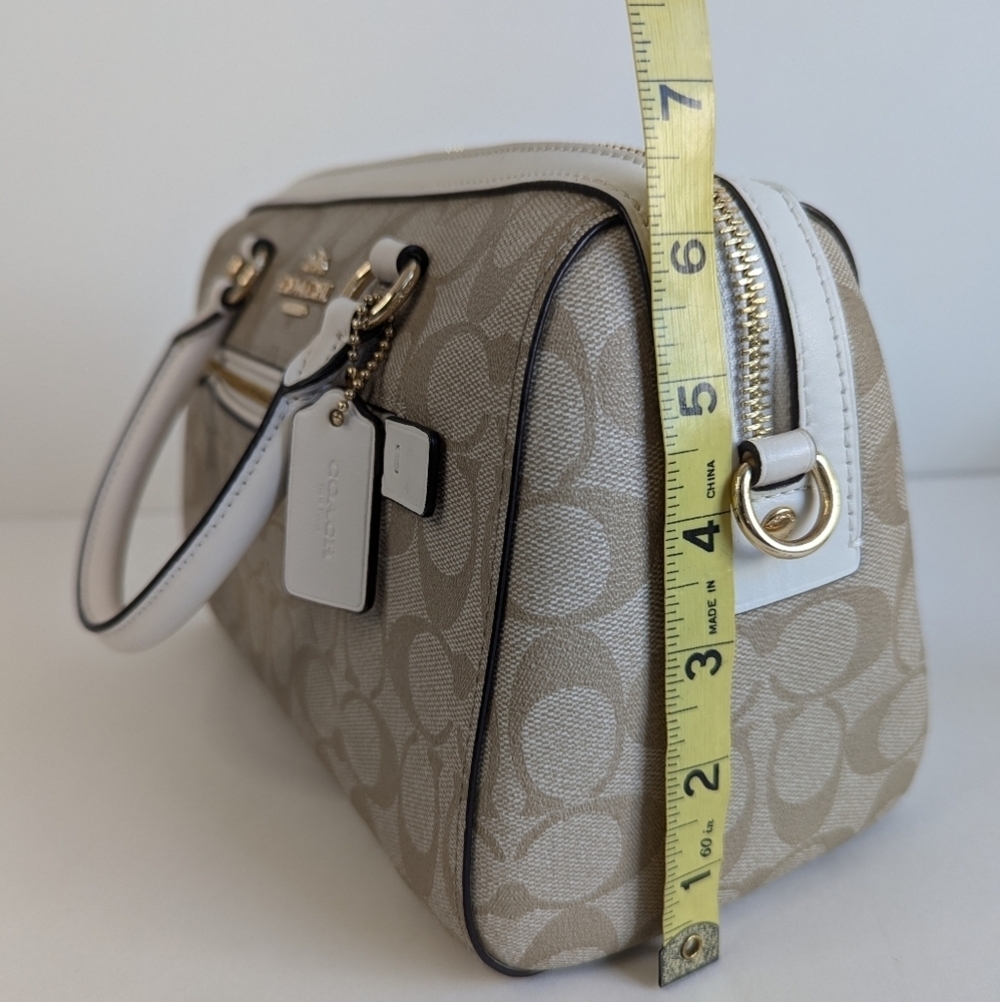 Coach Rowan Satchel Bag Signature Logo Taupe Canvas Leather Trim Crossbody Purse - Picture 13 of 16